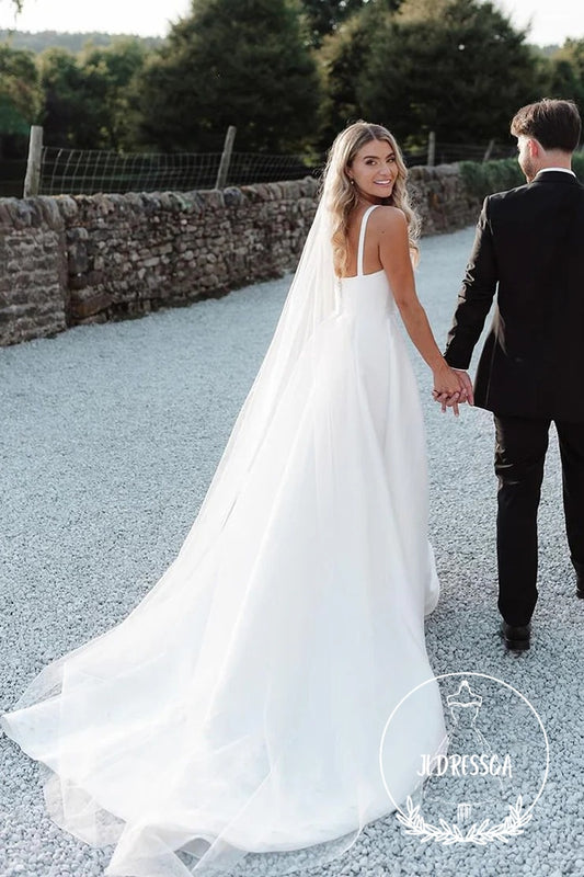 Fashionable Long A-Line Satin Wedding Dresses with Square Neck and Slit, WD25002