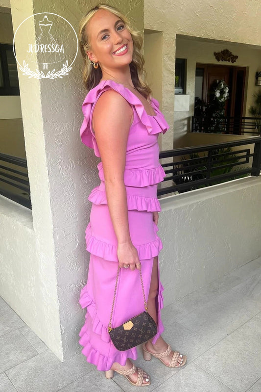 Romantic Sheath Square Neck Ruffle Slit Midi Bridesmaid Dresses, BD25059