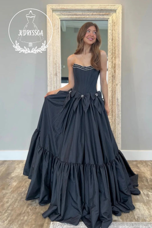 Ball Gown Strapless Black Satin Long Prom Dresses with Bowknots, PD25909