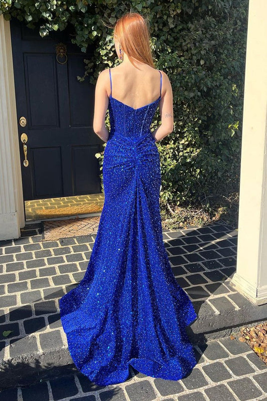 Spaghetti Straps Mermaid Sequins Long Prom Dress, PD25116