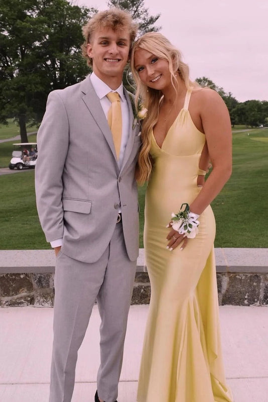 Yellow Satin Chic Mermaid Deep V Neck Prom Dress, PD25388