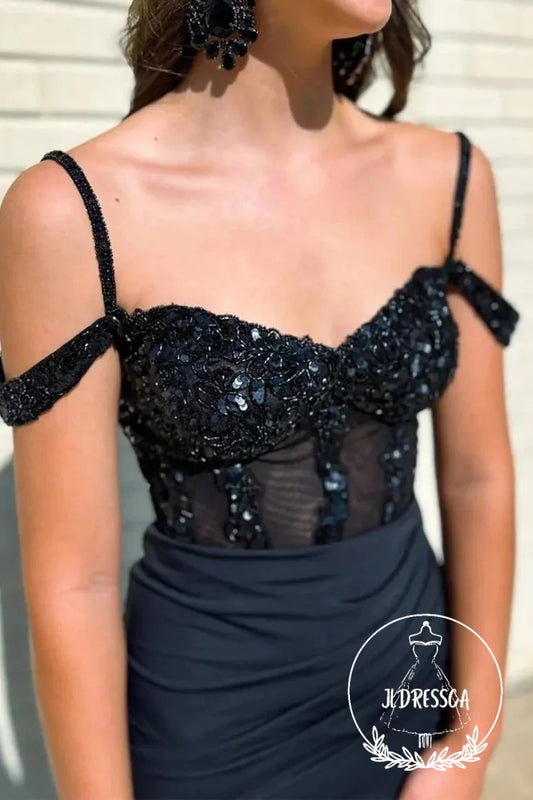 Stylish Long Mermaid Off the Shoulder Black Corset Prom Dress with Split Front, PD25950