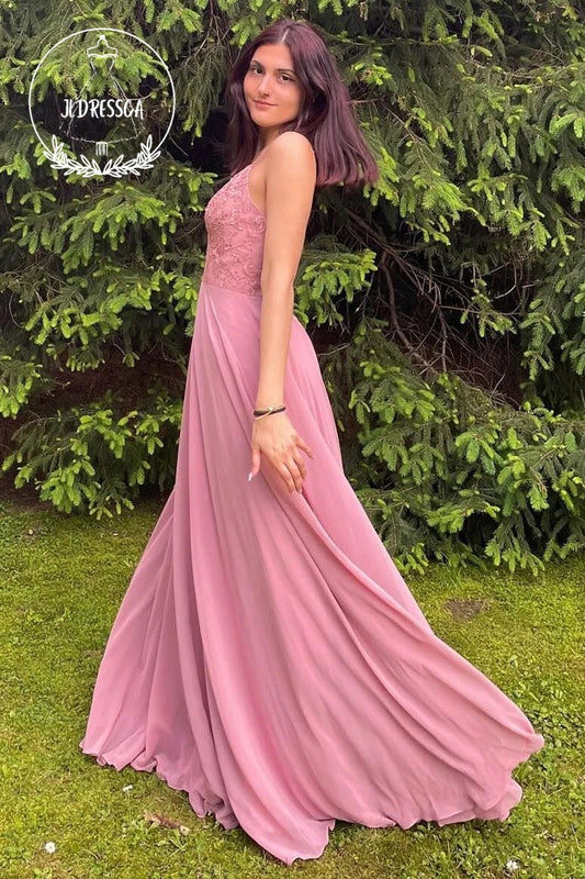 Pink Fairy A Line V Neck Chiffon Lace Long Bridesmaid Dress, BD25060