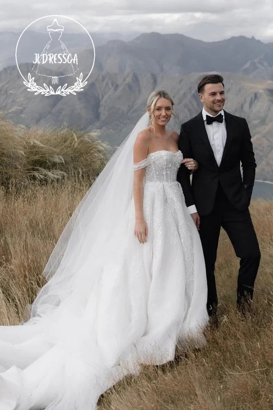 White A-Line Off-the-Shoulder Sequin Wedding Dresses, WD25040