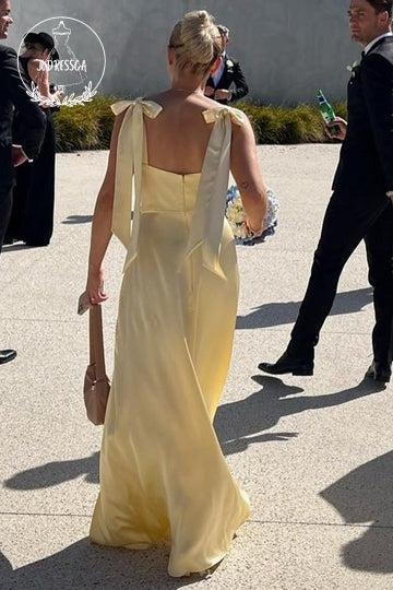 Yellow Sheath Straps Cute Satin Long Bridesmaid Dresses with Slit, BD25050
