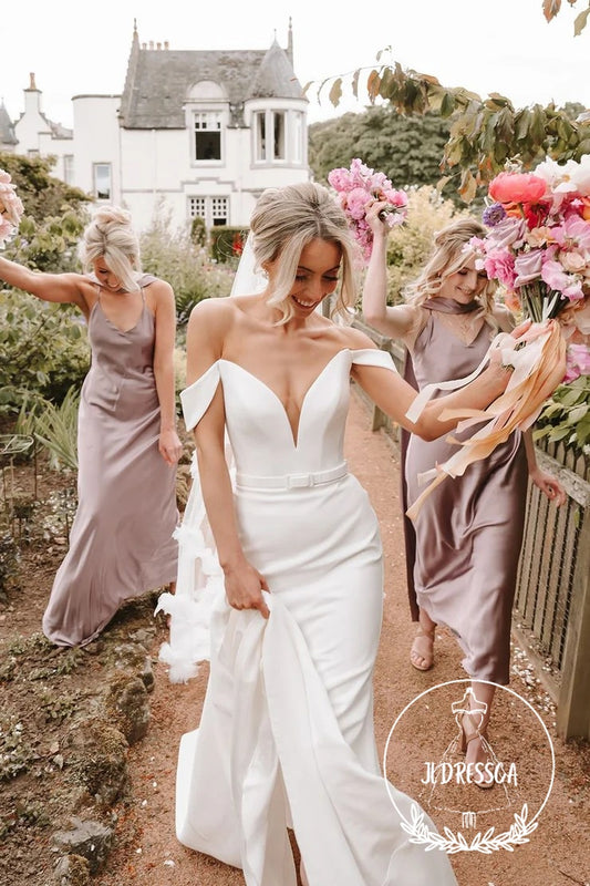 Elegant Long Mermaid Off the Shoulder Satin Wedding Dresses, WD25001