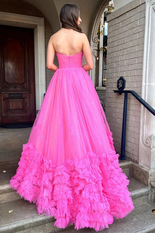 Fuchsia A-Line Strapless Ruffle Long Prom Dress, PD25643