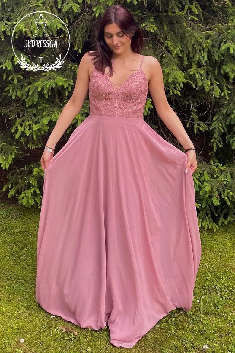 Pink Fairy A Line V Neck Chiffon Lace Long Bridesmaid Dress, BD25060 JLDressCA Pink Fairy A Line V Neck Chiffon Lace Long Bridesmaid Dress, BD25060 JLDressCA