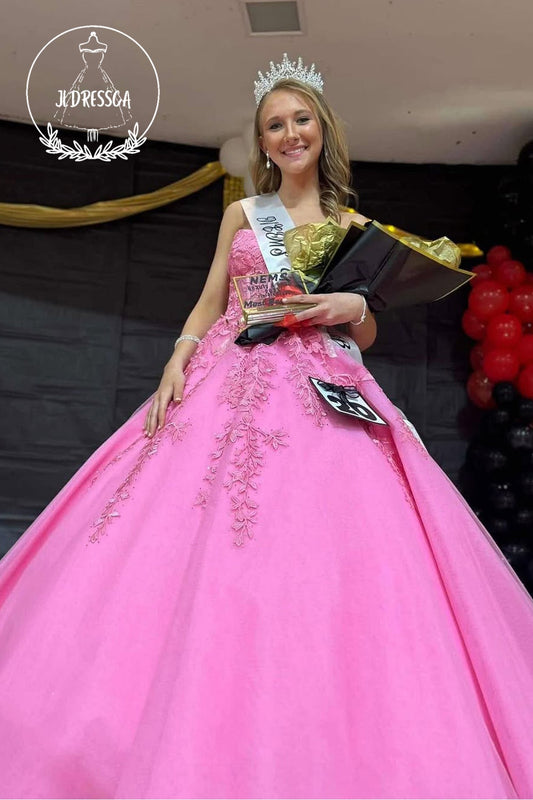 Pink Strapless A-Line Tulle Long Prom Dress with Appliques, PD25830