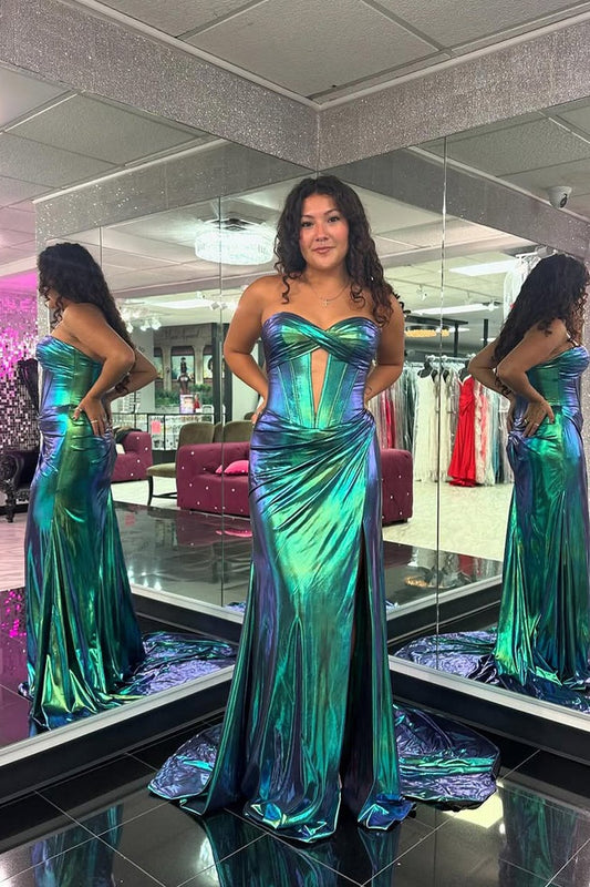 Metallic Satin Cute Mermaid Sweetheart Prom Dress with Slit, PD25270