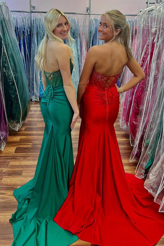 Green Strapless Mermaid Satin Long Prom Dress with Slit, PD25814