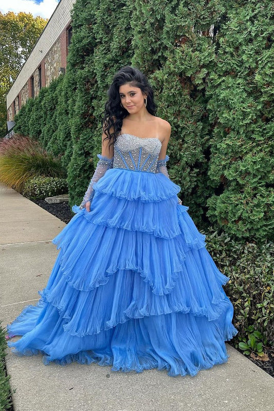 Blue Strapless Tiered Tulle Prom Dress with Beading, PD25783