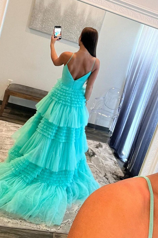 Green Spaghetti Straps Layers A-line Long Prom Dress, PD25695