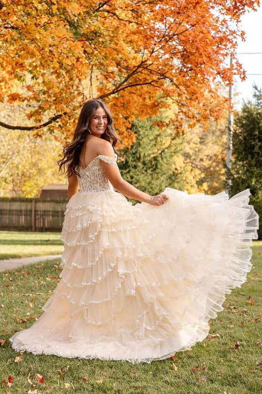 Tulle A-Line Off the Shoulder Long Prom Dresses with Appliques, PD25475