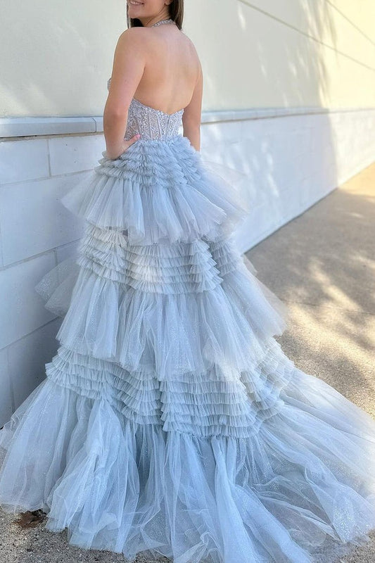 Grey Halter Long Tiered Tulle Prom Dresses with Appliques, PD25555