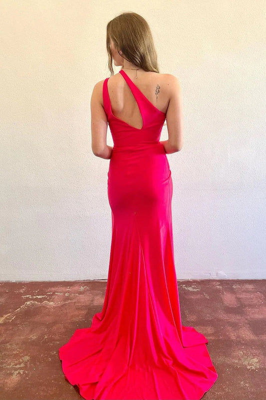 Fuchsia Satin One Shoulder Cutout Long Prom Dresses, PD25505