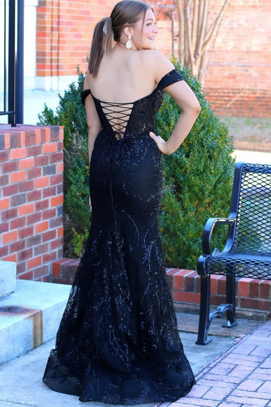 Black Sequins Appliques Mermaid Off the Shoulder Long Prom Dress, PD25365