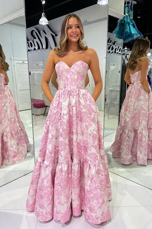Sweetheart Ball Gown Jacquard Satin Long Prom Dress with Pockets, PD25765