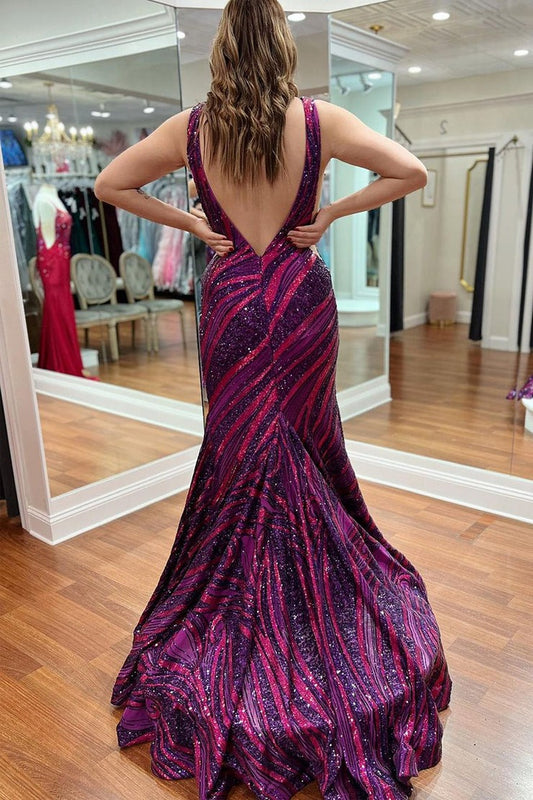Purple Mermaid V Neck Sequins Long Prom Dress, PD25614