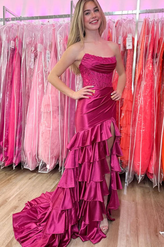 Charming Mermaid Scoop Neck Tiered Prom Dress with Slit, PD25584