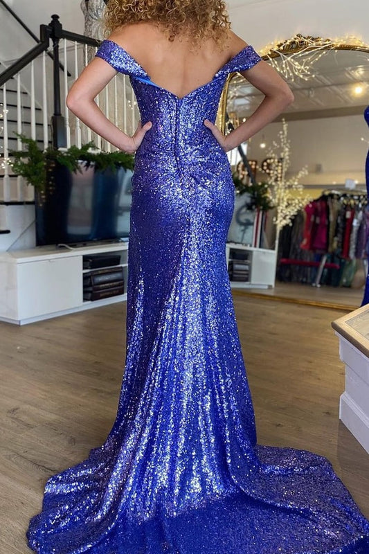 Purple Sparkly Off the Shoulder Mermaid Sequins Corset Prom Dress with Split Front, PD25673