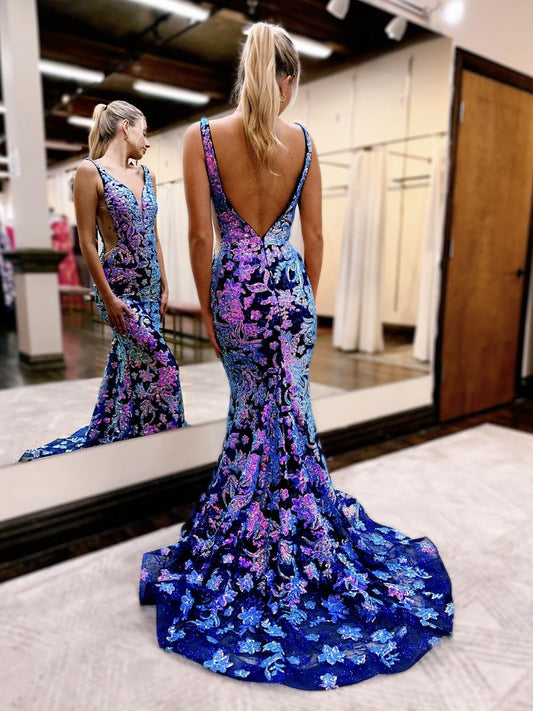 Magic Purple V Neck Mermaid Sequins Lace Prom Dress, PD25746