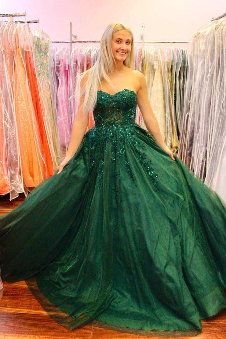Dark Green Sweetheart Tulle Long Prom Dresses with Appliques | JLDressCA Dark Green Sweetheart Tulle Long Prom Dresses with Appliques | JLDressCA