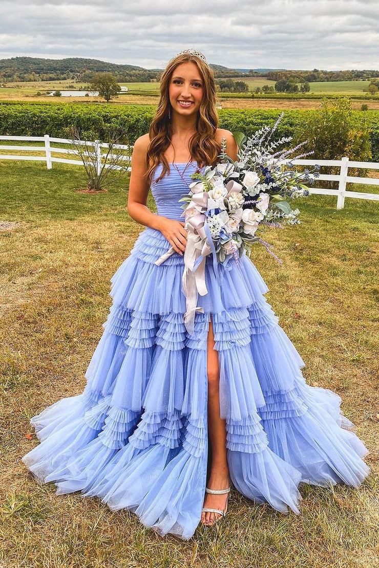 Lavender Strapless Tiered Ruffle Long Prom Dress | JLDressCA Lavender Strapless Tiered Ruffle Long Prom Dress | JLDressCA