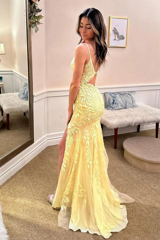 Yellow Gorgeous Mermaid Spaghetti Straps Long Prom Dress with Appliques, PD25545