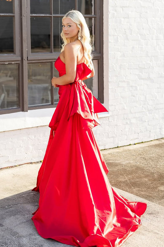 Red Strapless Mermaid Satin Long Prom Dress with Bowknot, PD25815