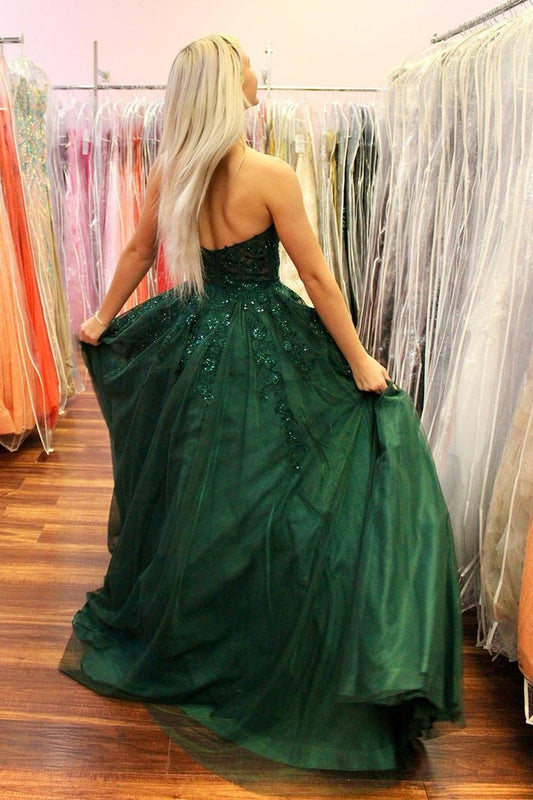 Dark Green Sweetheart Tulle Long Prom Dresses with Appliques, PD25596