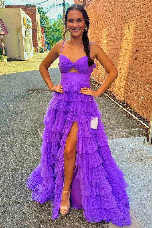 Purple Tulle Sweetheart Ruffle Tiered Long Prom Dresses, PD25526