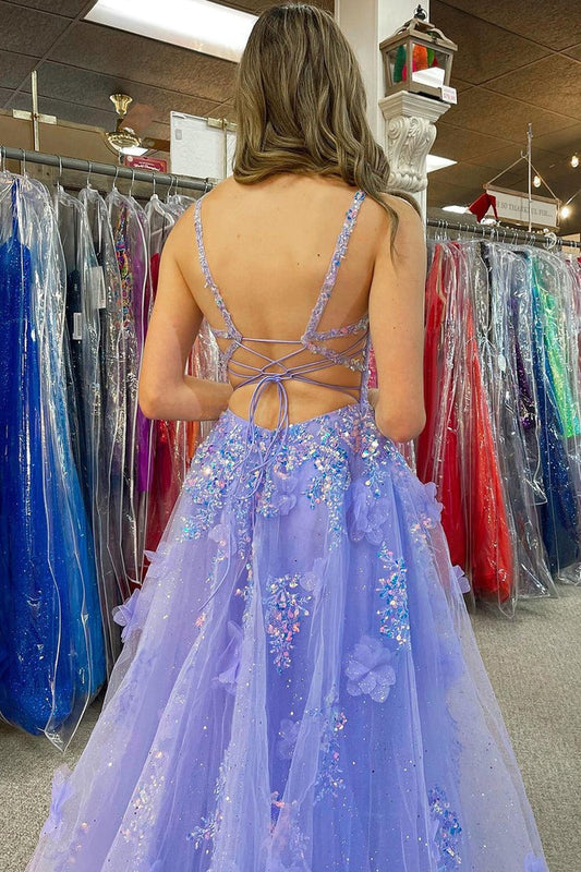 Lavender A - Line V Neck Sequin Lace Long Prom Dress with Pockets, PD25576