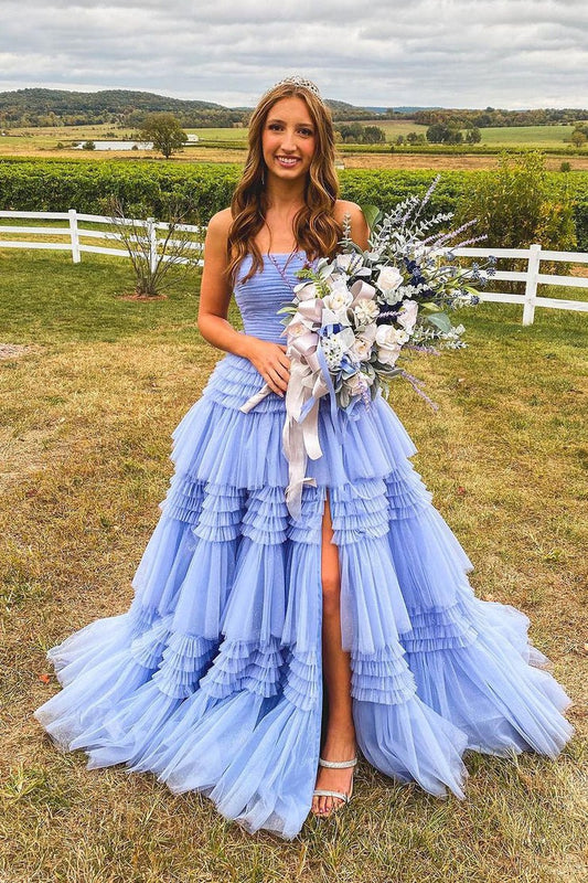 Lavender Strapless Tiered Ruffle Long Prom Dress, PD25655