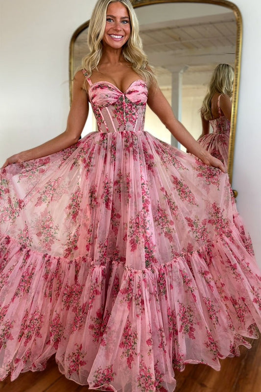 Pink A Line Sweetheart Floral Chiffon Long Prom Dress, PD25585