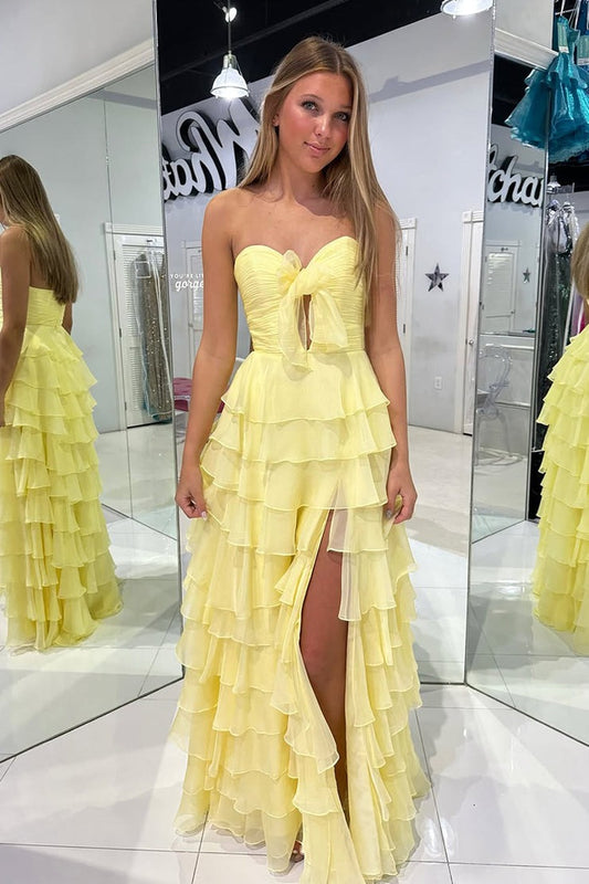 Yellow Tiered A Line Sweetheart Keyhole Prom Dress with Slit, PD25446
