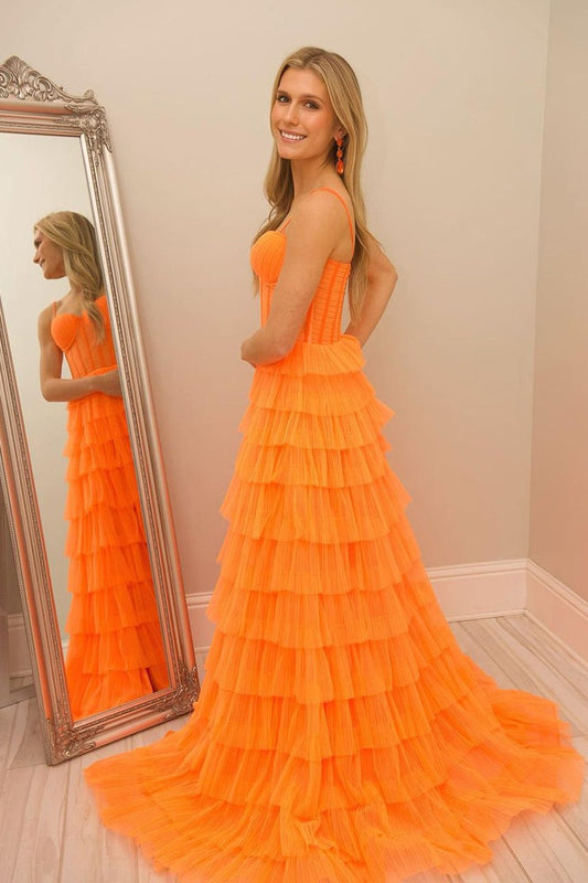Orange Ruffle Tiered A-Line Sweetheart Tulle Long Prom Dresses, PD25396