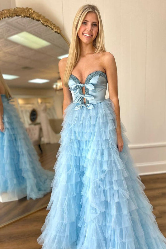 Light Blue Sweetheart Tiered Tulle Long Prom Dress, PD25637