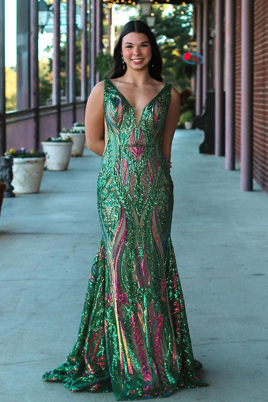 V Neck Mermaid Green Sequins Lace Prom Dresses, PD25015