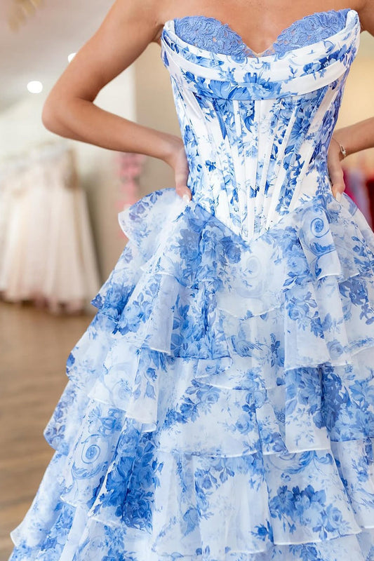 Floral Printed A Line Sweetheart Tiered Chiffon Prom Dress with Slit, PD25777