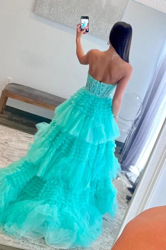 Aqua Blue A-Line Tulle Appliques Ruffle Long Prom Dress, PD25645