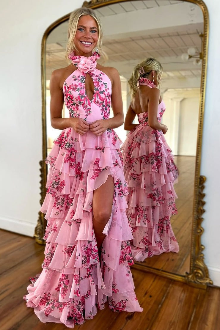 Floral Printed Elegant Halter Chiffon Tiered Prom Dress with Slit | JLDressCA Floral Printed Elegant Halter Chiffon Tiered Prom Dress with Slit | JLDressCA
