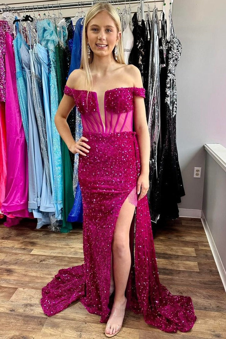 Magenta Off-the-Shoulder Sequin Long Prom Dress