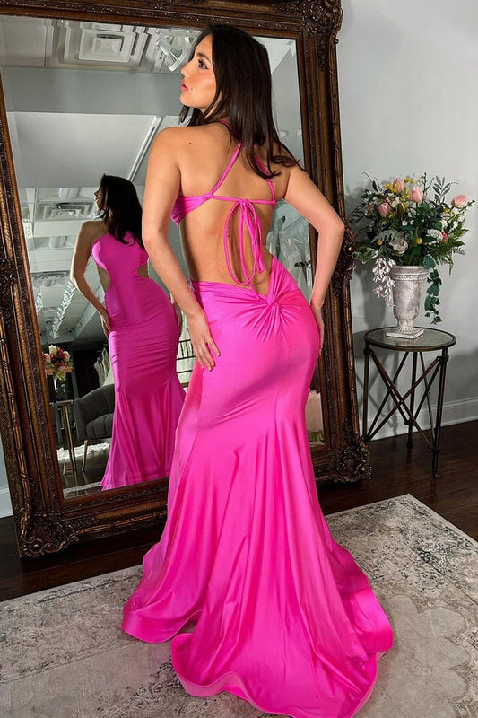Fuchsia Mermaid Halter Satin Cutout Long Prom Dresses, PD25527