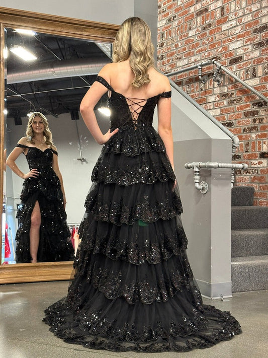 Black Tulle Off the Shoulder Ruffle Tiered Long Prom Dresses, PD25516