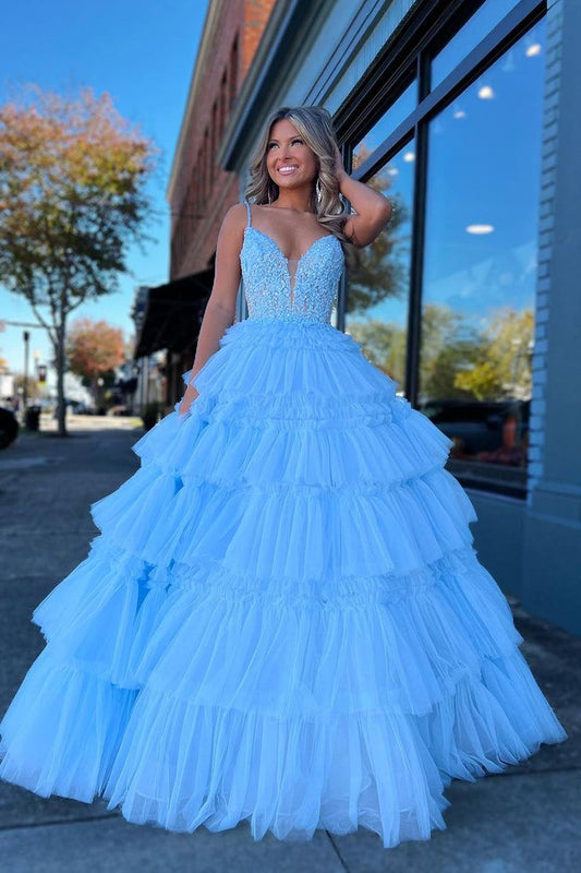 Light Blue Tulle Ruffle Tiered V Neck Long Prom Dresses with Appliques, PD25367