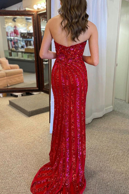 Red Sequins Strapless Mermaid Long Prom Dress with Slit, PD25427