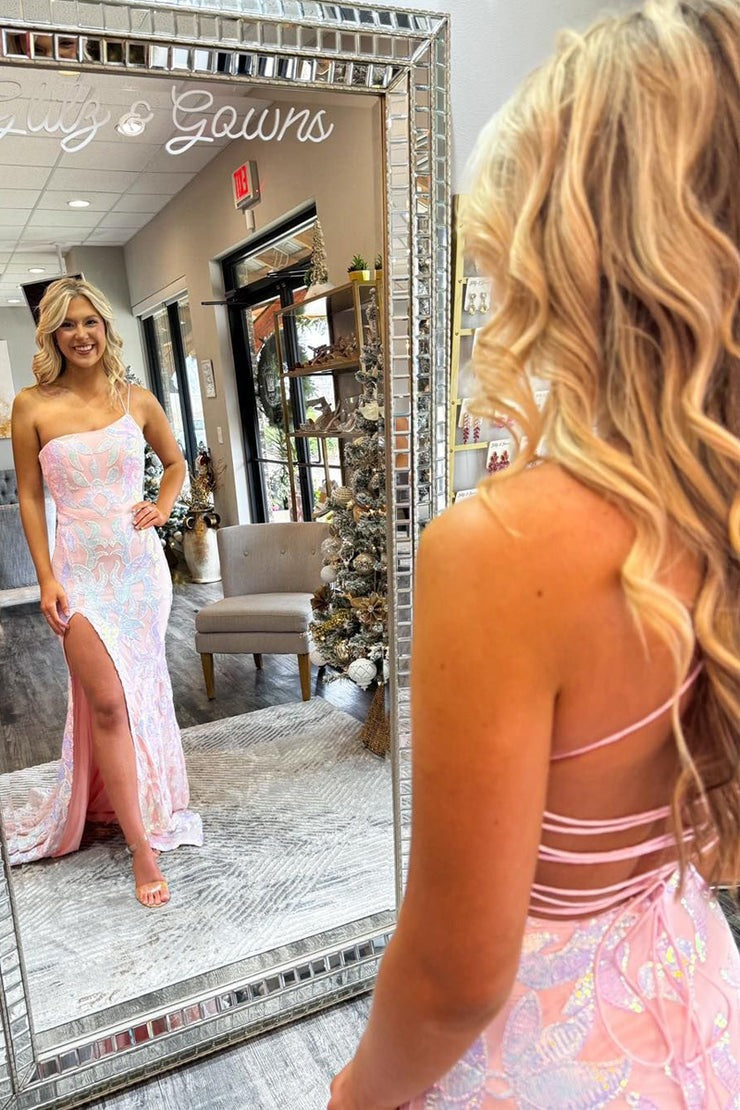 Pink One-Shoulder Long Sequin Lace Mermaid Prom Dress