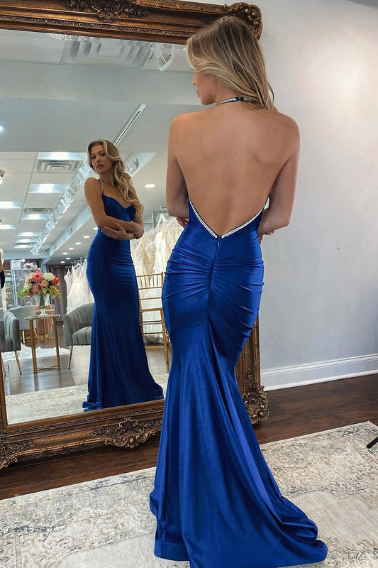 Royal Blue Satin Mermaid Halter Backless Long Prom Dress, PD25458