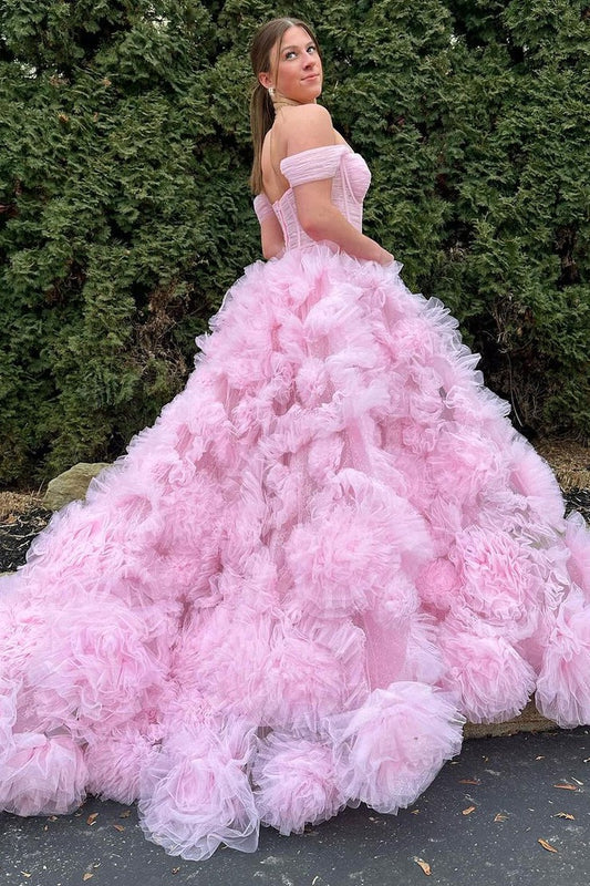 Pink Tulle Ruffle Tiered Off the Shoulder Long Prom Dress, PD25437
